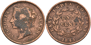Стрейтс-Сетлментс 1 цент 1845 Виктория (1837-1901), Ост-Индская компания KM 3 медь 4590-134