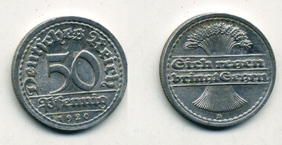 ГЕРМАНИЯ 50 ПФЕННИГОВ 1920 D KM 27, J. 301 алюминий 41-711