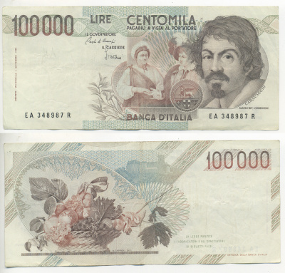 Италия 100000 лир 1983 Караваджо, фруктовый букет, подпись Speziali Pick 110b бумага 7220-31-3