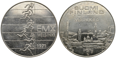 Финляндия 10 марок 1971 S-H, X Чемпионат Европы по легкой атлетике KM 52 серебро 1525-1011