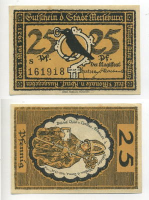 МЕРЗЕБУРГ 25 ПФЕННИГОВ 1921 НОТГЕЛЬД, 1 МАЯ 1921, ЗЕМЛЯ САКСОНИЯ-АНХАЛЬТ, БУКВА S, ЖЁЛТАЯ Grabowski 884.1 бумага 7217-53-8