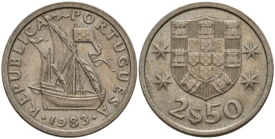 Португалия 2,5 эсукдо 1983 KM 590 медно-никель 4154-1039