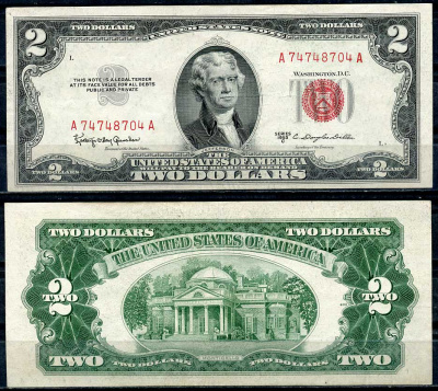 США 2 доллара 1953 Томас Джефферсон, Монтичелло, Granahan, Dillon Pick 380 с  бумага  00-00