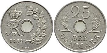 Дания 25 эре 1968 С;S, Фредерик IX (1947-1972) KM 855.1 медно-никель 4397-214