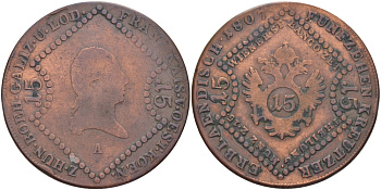 АВСТРИЯ 15 КРЕЙЦЕРОВ 1807 А, ФРАНЦ I (1806-1835) KM 2138 медь 38-216