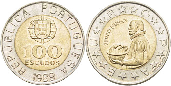 Португалия 100 эскудо 1989 Педру Нуниш (1502-1578), математик KM 645.1 биметалл 110-351