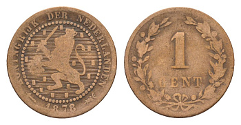 Нидерланды 1 цент 1878 Виллем III (1849-1890) KM 107 бронза 53-259