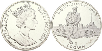 Остров Мэн 1 крона 1994 50 лет высадке в Нормандии 6 июня. Британские солдаты на берегу KM 699a серебро PROOF 1529-1032