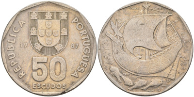 Португалия 50 эскудо 1987 парусник KM 636 медно-никель 4572-1123