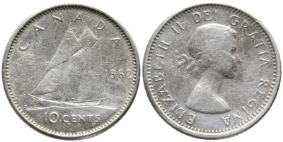 Канада 10 центов 1962 Елизавета II (1952-2022), парусник KM 51 серебро 4532-761