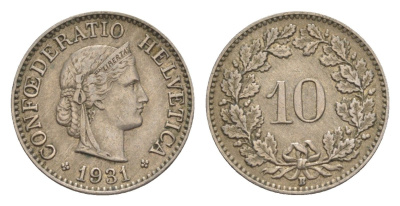 Швейцария 10 раппенов 1931 B KM 27 медно-никель 4609-422