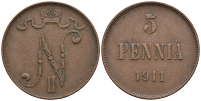 Россия для Финляндии 5 пенни 1911 Николай II (1894-1917) KM 15, Биткин 451 медь 85-316