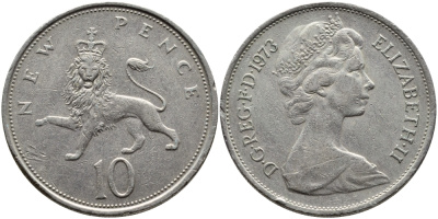 Великобритания 10 пенсов 1973 Елизавета II (1952-2022) KM 912, Spink 4231 (F1) медно-никель  4389-846