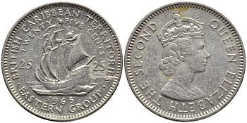 Британские Восточно-Карибские территории 25 центов 1965 Елизавета II (1952-2022), парусник KM 6 медно-никель 87-324