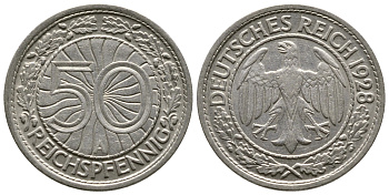 Германия 50 рейхспфеннигов 1928 A KM 49, J. 324 никель 4380-411