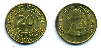 Перу 20 сентимо 1986 Мигель Грау Семинарио KM 294 латунь 176-413