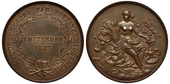 Нидерланды медаль 1887 пищевая выставка в Амстердаме. богиня с кукурузой, голова оленя и быка, эротика, 58 мм Zw.761 бронза UNC 1072-4-43