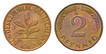ФРГ 2 пфеннига 1962 G KM 106, J. 381 бронза 4682-1065