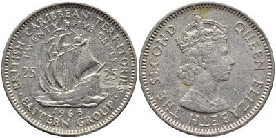 Британские Восточно-Карибские территории 25 центов 1965 Елизавета II (1952-2022), парусник KM 6 медно-никель 87-324