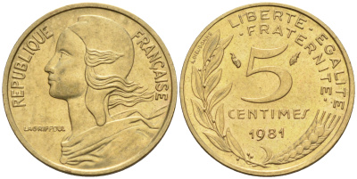 Франция 5 сантимов 1980 тип Марианна KM 933 никель алюминий медь    4594-1137