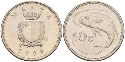 Мальта 10 центов 1998 золотая макрель KM 96 медно-никель 4588-252