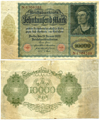 Германия 10000 марок 1922 19 января 1922, Альбрехт Дюрер, без 10000 справа Pick 71  бумага   435-6-2-2