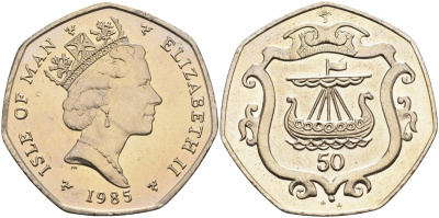 Остров Мэн 50 пенсов 1985 АА, корабль викингов, Елизавета II (1952) KM 148 медно-никель UNC 4583-643