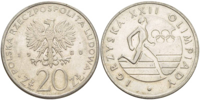 Польша 20 злотых 1980 MW, XXII летние Олимпийские Игры, Москва 1980, бегун KM 108, Parchimowicz 252 медно-никель 4542-1133