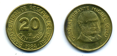 Перу 20 сентимо 1986 Мигель Грау Семинарио KM 294 латунь 176-413