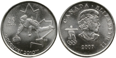КАНАДА 25 ЦЕНТОВ 2007 СЕРИЯ ОЛИМПИЙСКИЕ ИГРЫ В ВАНКУВЕРЕ 2010 ГОДА, КЁРЛИНГ, ЕЛИЗАВЕТА II (1952-) KM никелированная сталь UNC 4543-553