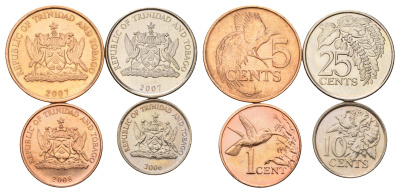 Тринидад и Тобаго набор из 4 монет (1, 5, 10, 25 центов) 2006, 2007 и 2008 KM 29, 30, 31 и 32 UNC 4669-846-849