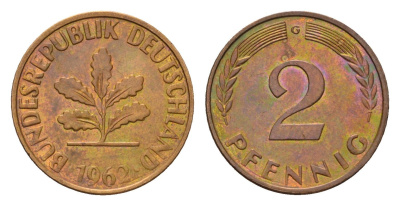 ФРГ 2 пфеннига 1962 G KM 106, J. 381 бронза 4682-1065