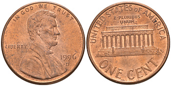 США 1 ЦЕНТ 1996 D, ЛИНКОЛЬН KM 201b цинк плакированный медью UNC 187-643