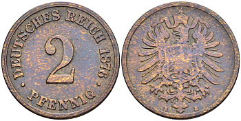 ГЕРМАНИЯ 2 ПФЕННИГА 1876 B, СТАРОГЕРБОВКА KM 2, Jager 2, Weege 3 медь 4546-557