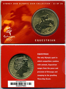 Австралия 5 долларов 2000 XXVII летние Олимпийские игры 2000 года в Сиднее, скачки с барьерами, в оригинальном картонном буклете KM 434 латунь  UNC  2-5-2-46