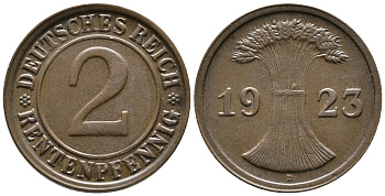 ГЕРМАНИЯ 2 РЕНТЕНПФЕННИГА 1923 D KM 31, J. 307 бронза 24-417
