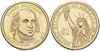 США 1 доллар 2007 P, Президент США - Джордж Вашингтон (1789-1797) KM 401 медь с марганцево-латунным покрытием 183-327