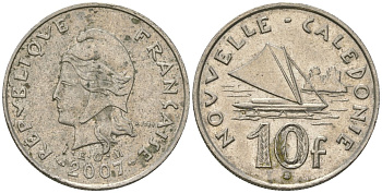 Французская Новая Каледония 10 франков 2007 рыбачья парусная лодка, (IEOM) KM 11a, Schoen 13a, Lec 99k медно-никель 56-333