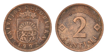 Латвия 2 сантима 1992 KM 21 сталь плакированная медью 105-526