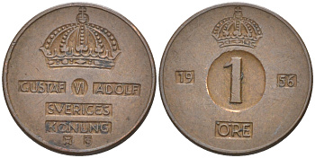 Швеция 1 эре 1956 TS, Густав VI Адольф (1950-1973) KM 820 бронза 112-128