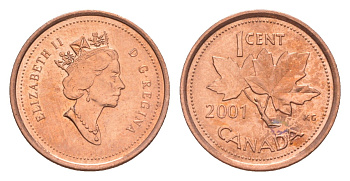 Канада 1 цент 2001 Елизавета II (1952-2022), кленовый лист KM 289 цинк плакированный бронзом UNC 4639-417