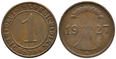 ГЕРМАНИЯ 1 РЕЙХСПФЕННИГ 1927 E KM 37, J. 313 бронза 39-955