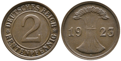 ГЕРМАНИЯ 2 РЕНТЕНПФЕННИГА 1923 D KM 31, J. 307 бронза 24-417