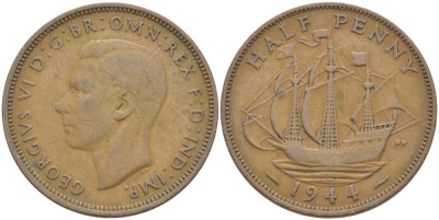 Великобритания 1/2 пенни 1944 Георг VI (1936-1952) KM 844, Spink 4115 бронза 59-1334