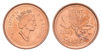 Канада 1 цент 2001 Елизавета II (1952-2022), кленовый лист KM 289 цинк плакированный бронзом UNC 4639-417