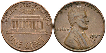 США 1 цент 1960 D, Линкольн KM 201 медь цинк 4564-334