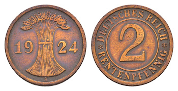 Германия 2 рентенпфеннига 1924 A KM 31, J. 307 бронза 4164-1139