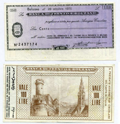 Италия чек на 100 лир 1976 Banca Di trento e bolzano, союз комерции и туризма bolzano, 20 октября 1976 бумага 8613-3-3-1