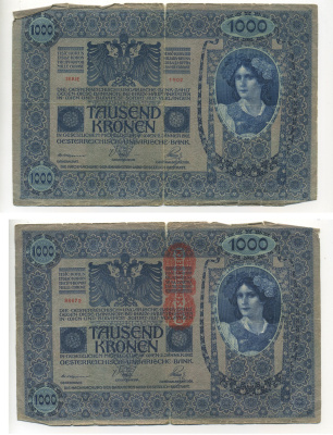 АВСТРИЯ 1000 КРОН 1919 КРАСНАЯ ВЕРТИКАЛЬНАЯ НАДПЕЧАТКА НА 1902 Pick 59 бумага 6294-29-2