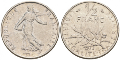 ФРАНЦИЯ 1/2 ФРАНКА 1973 KM 931.1 никель 187-123